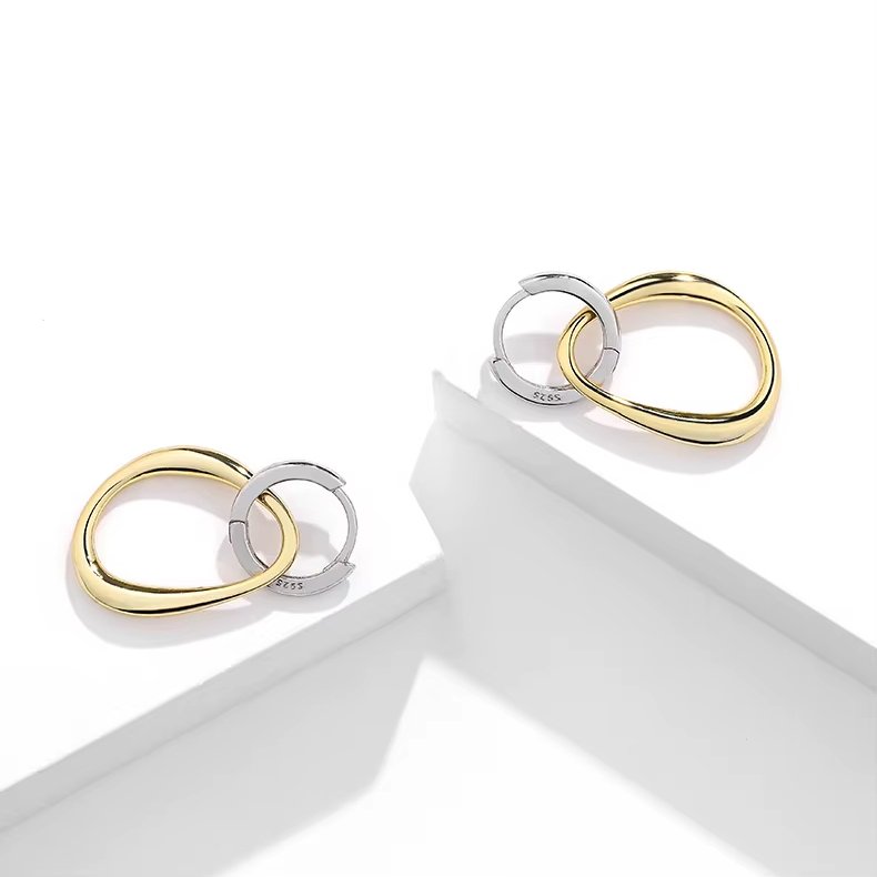 Two Tone Oval Hoop Drop Earrings 925 Sterling Silver Dangle Huggie Earrings
