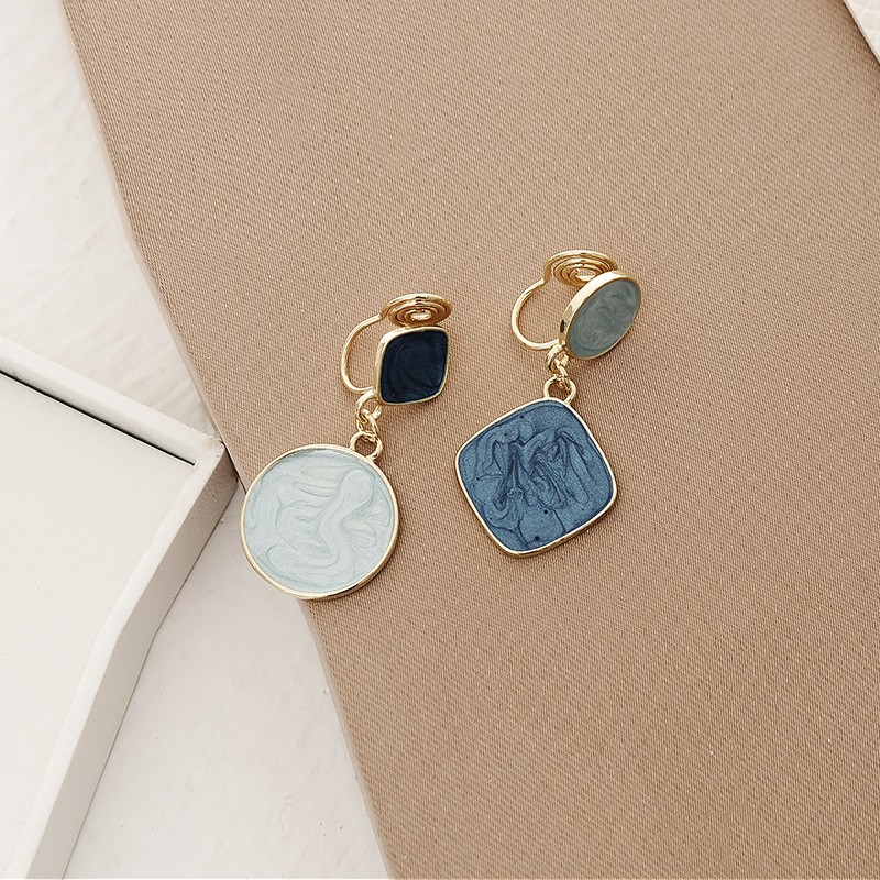 Vintage Color Block Geometric Clip-On Earrings for Women – Asymmetrical Round & Diamond Drop Earrings