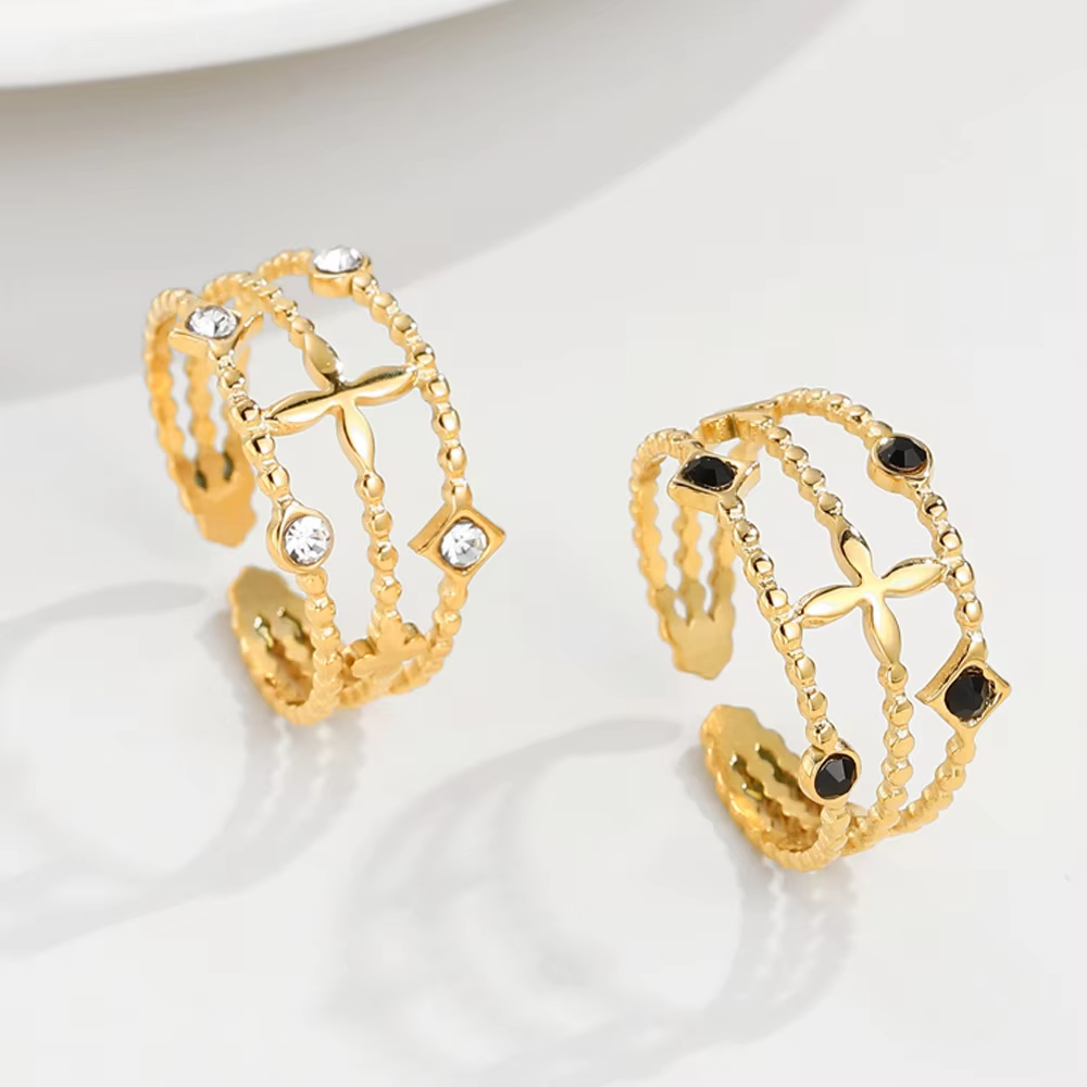 Vintage French 18K Gold Plated Cross Geometric Ring – Adjustable Titanium Steel Zircon Jewelry for Women