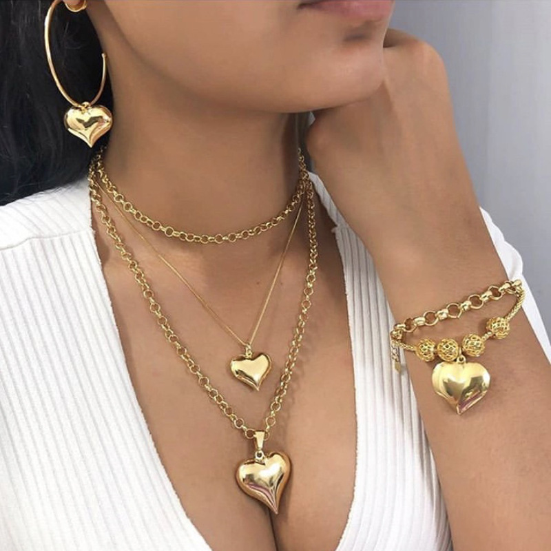 Vintage Gold Heart Jewelry Set – Layered Necklaces, Hoop Earrings & Bracelet for Women