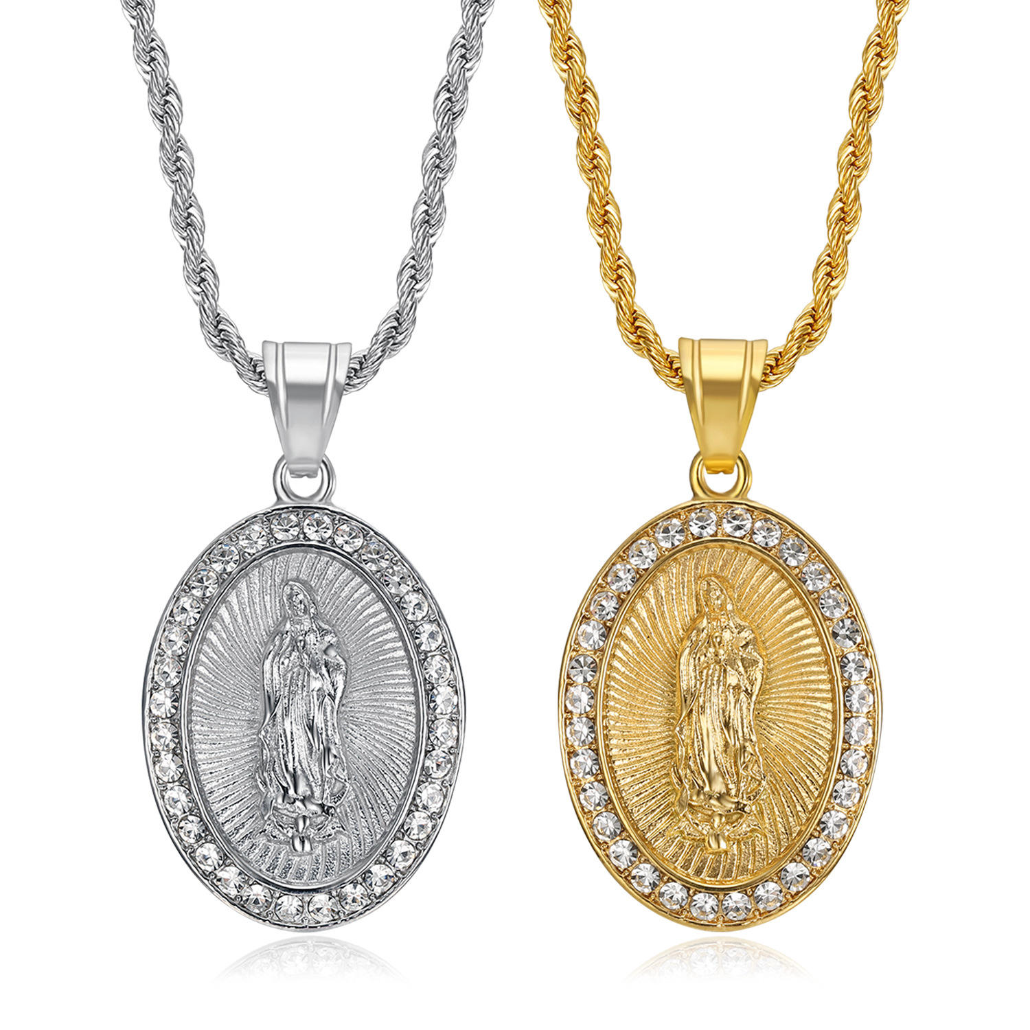 Virgin Mary Hansa Hand Coin Trendy Zircon 316 Stainless Steel Fine Fashion Jewelry Pendant Necklaces for Women Men 2024