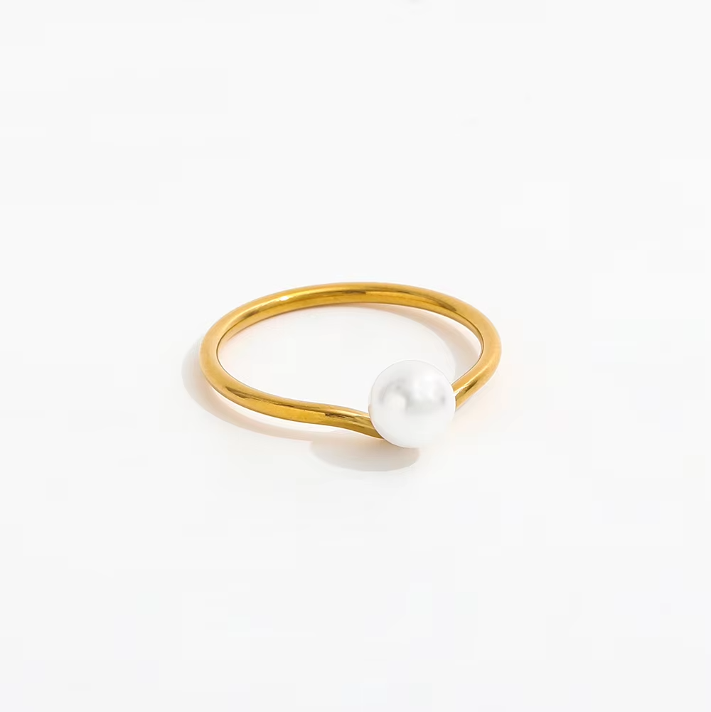 Waterproof 18k PVD Gold Plated Dainty Pearl Stainless Steel Ring for Women