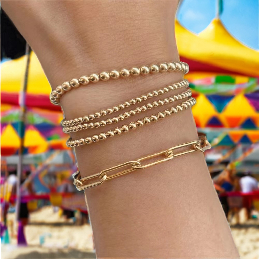 Waterproof Boho Stretch 18K 14K Gold Plated Custom Stainless Steel Ball Beads Wholesale Women Gold Fashion Beaded Bracelets