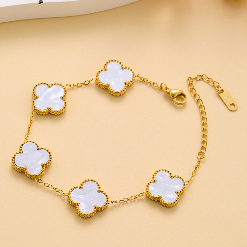White Clover Bracelet Gold Chain - Van Cleef Inspired Mother of Pearl Style Charm Jewelry for Women Girls Elegant Adjustable Fashion Accessory