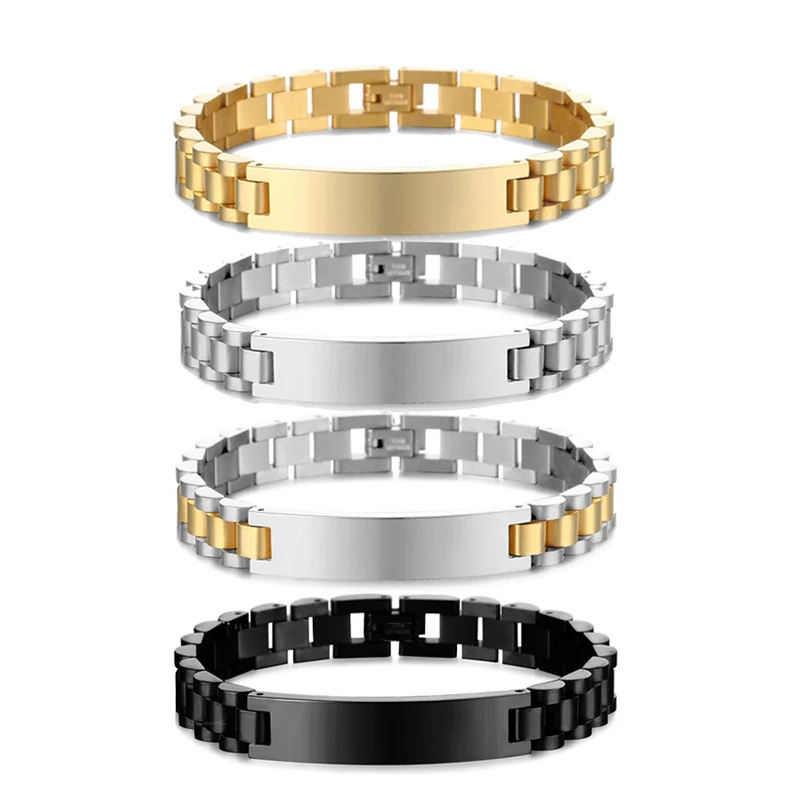 Wholesale Custom Stainless Steel Jewelry Laser Engraving Name LOGO 10/12MM Curved Card Watch Band Chain Men Bracelets