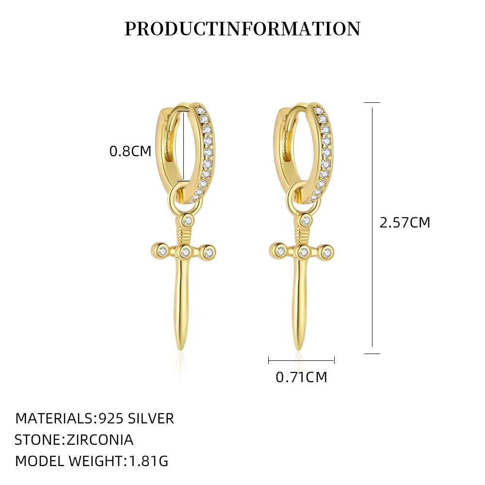 Wholesale S925 Sterling Silver Dagger Luxury 18K Gold-Plated Cross Zirconia Hoop Earrings