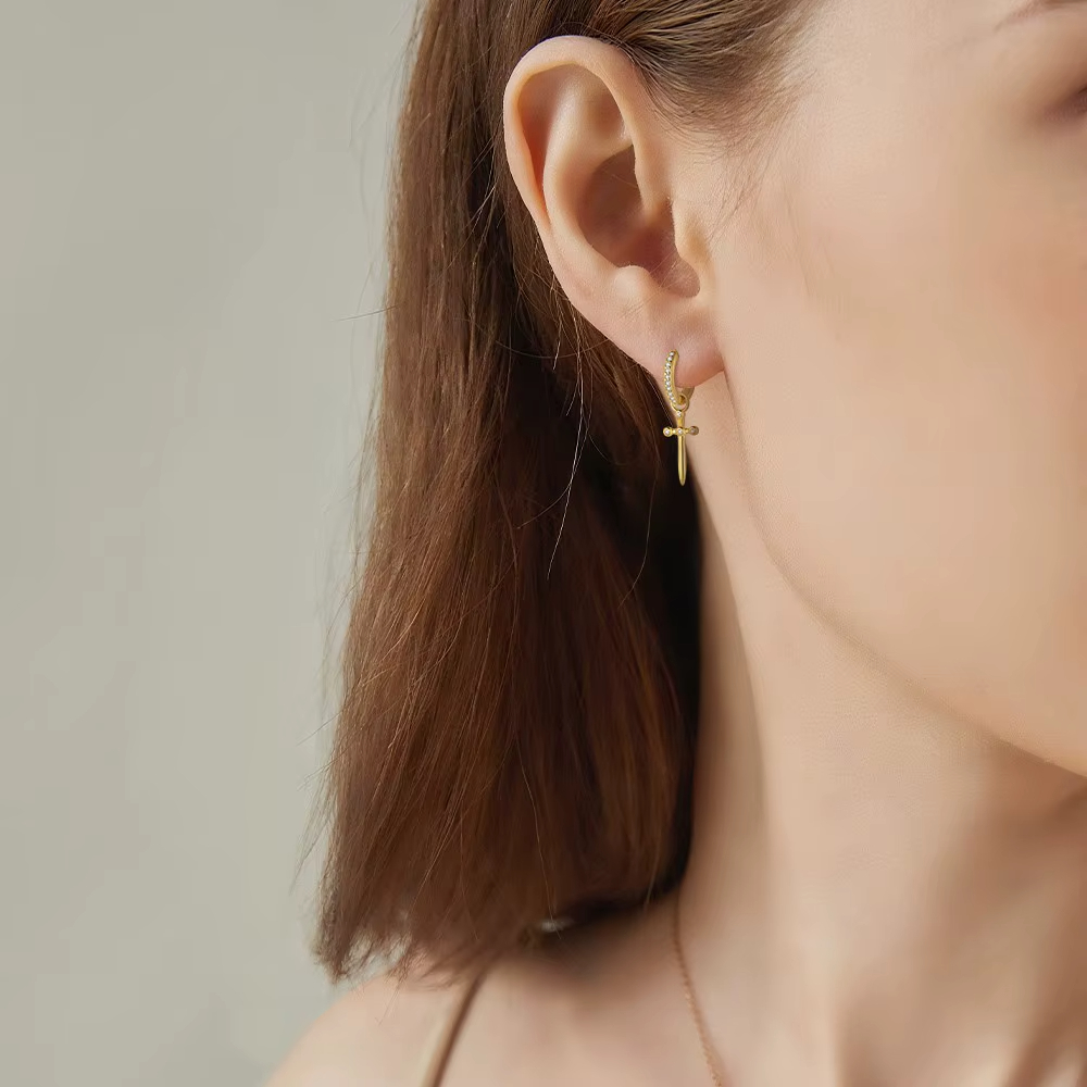 Wholesale S925 Sterling Silver Dagger Luxury 18K Gold-Plated Cross Zirconia Hoop Earrings