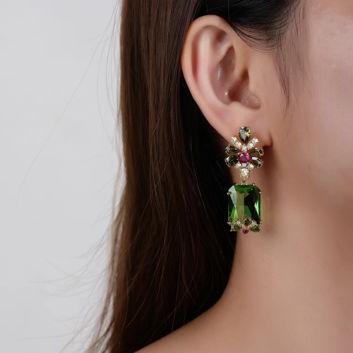 Women's Trendy Brass Imitation Rhodium Plated Cubic Zircon Flower Stud Geometric Princess Cut Drop Earrings for Bridal Parties