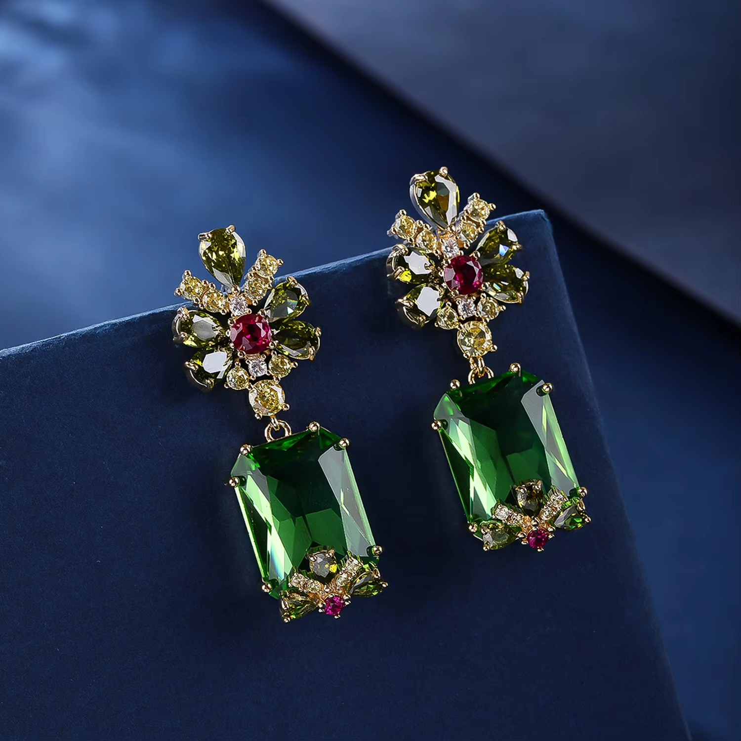 Women's Trendy Brass Imitation Rhodium Plated Cubic Zircon Flower Stud Geometric Princess Cut Drop Earrings for Bridal Parties