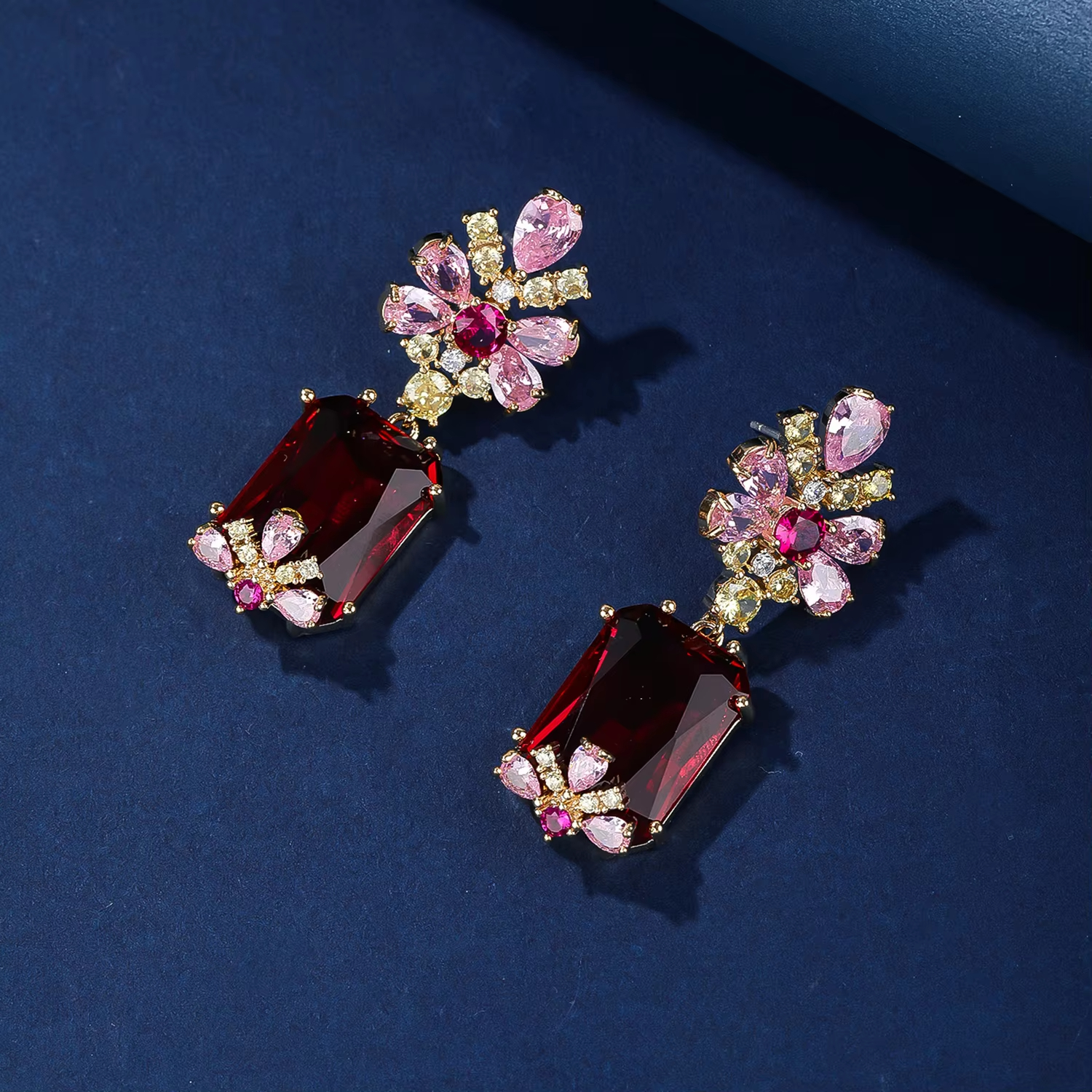 Women's Trendy Brass Imitation Rhodium Plated Cubic Zircon Flower Stud Geometric Princess Cut Drop Earrings for Bridal Parties