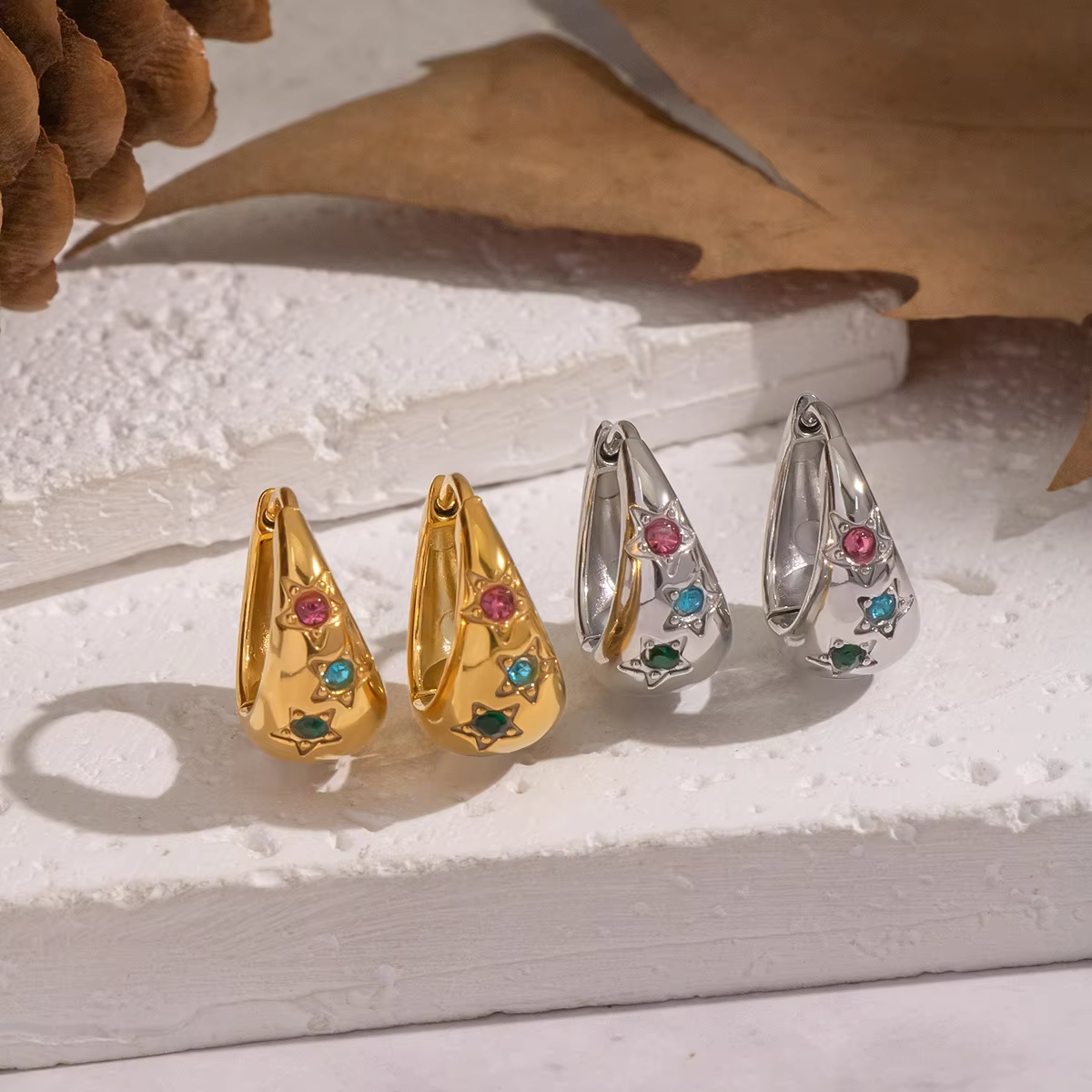 Women's Vintage 18K Gold Plated Customized Zircon Chunky Earrings Waterproof Big Ear Studs Non-Allergic Stainless U Earrings