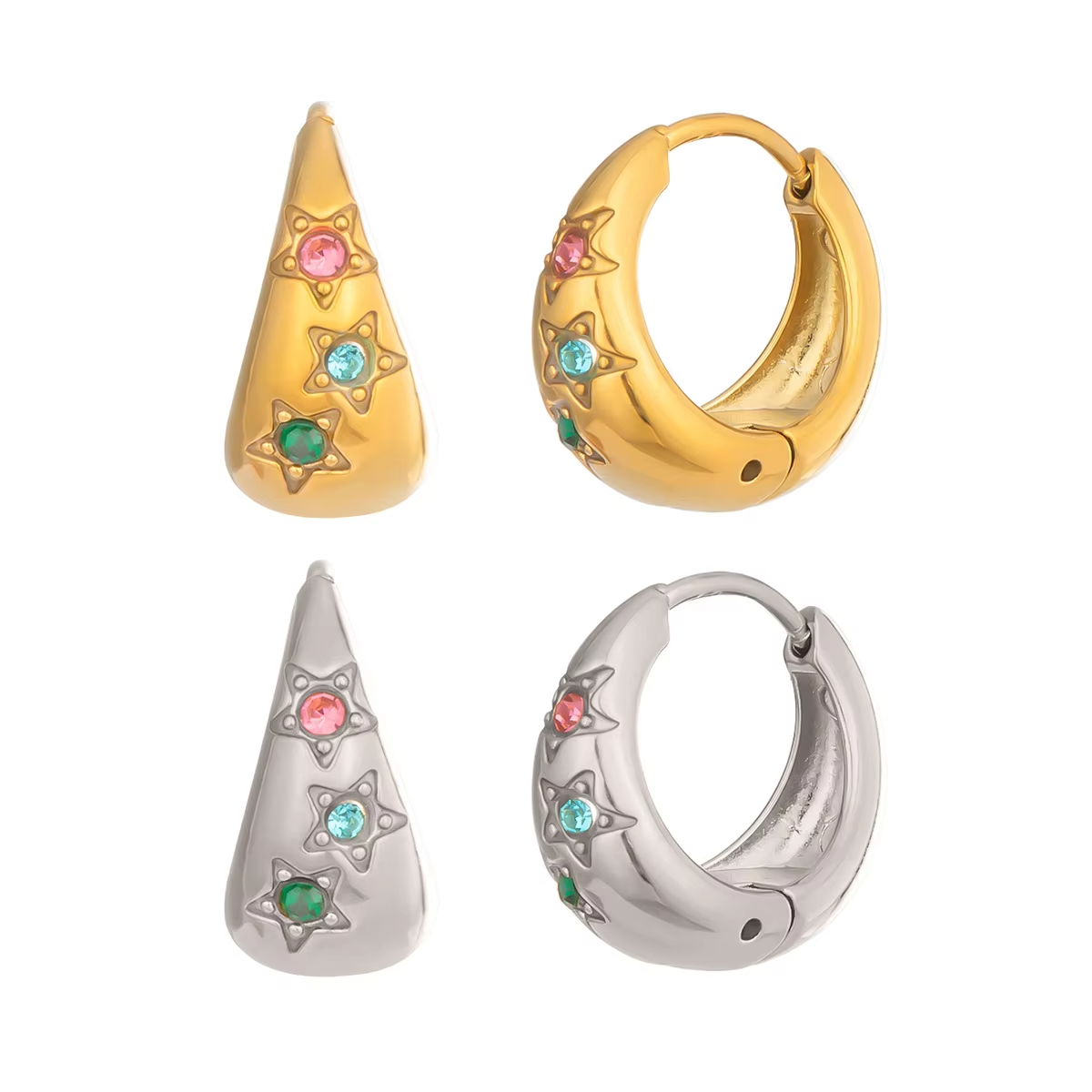 Women's Vintage 18K Gold Plated Customized Zircon Chunky Earrings Waterproof Big Ear Studs Non-Allergic Stainless U Earrings