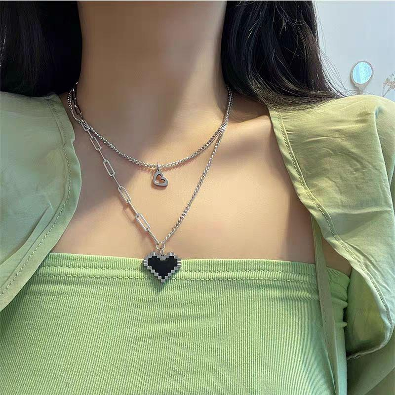 Y2K Pixel Heart Double Layer Necklace – Stainless Steel Silver Chain with Black & Hollow Heart Pendants