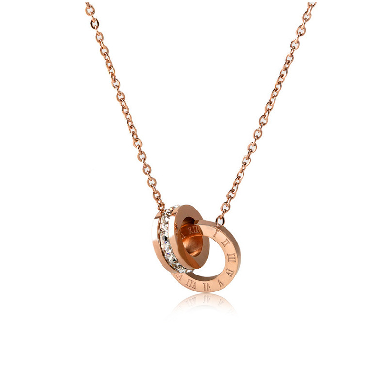 Affordable Rose Gold Double Ring Roman Numeral Stainless Steel Pendant Necklace for Women