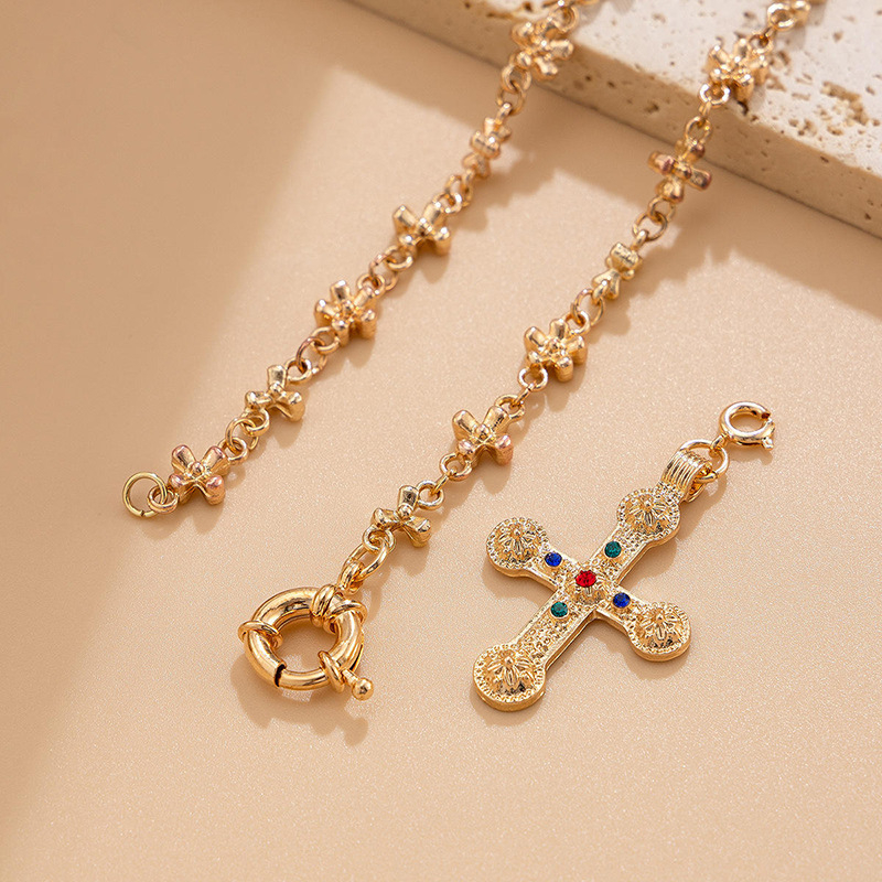 Antique Gold Cross Necklace – Vintage Religious Pendant, Gold-Plated Beaded Chain Jewelry for Men & Women