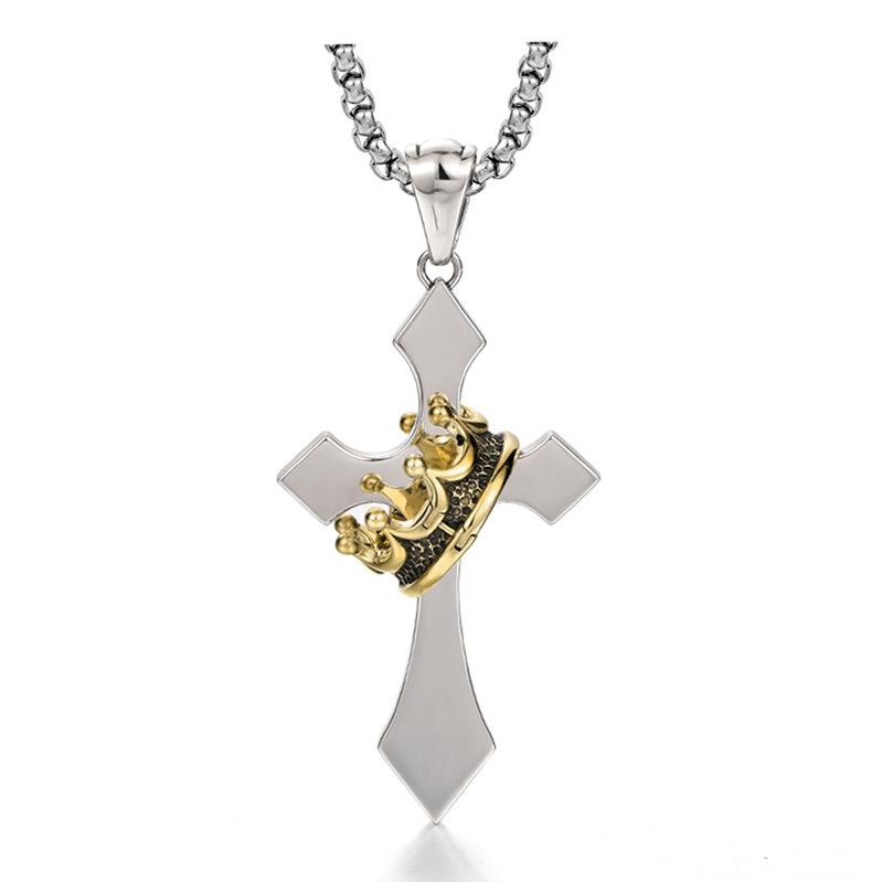 Boys Cross Necklace with Crown – Stainless Steel Crucifix Pendant for Youth