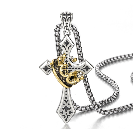 Boys Cross Necklace with Crown – Stainless Steel Crucifix Pendant for Youth