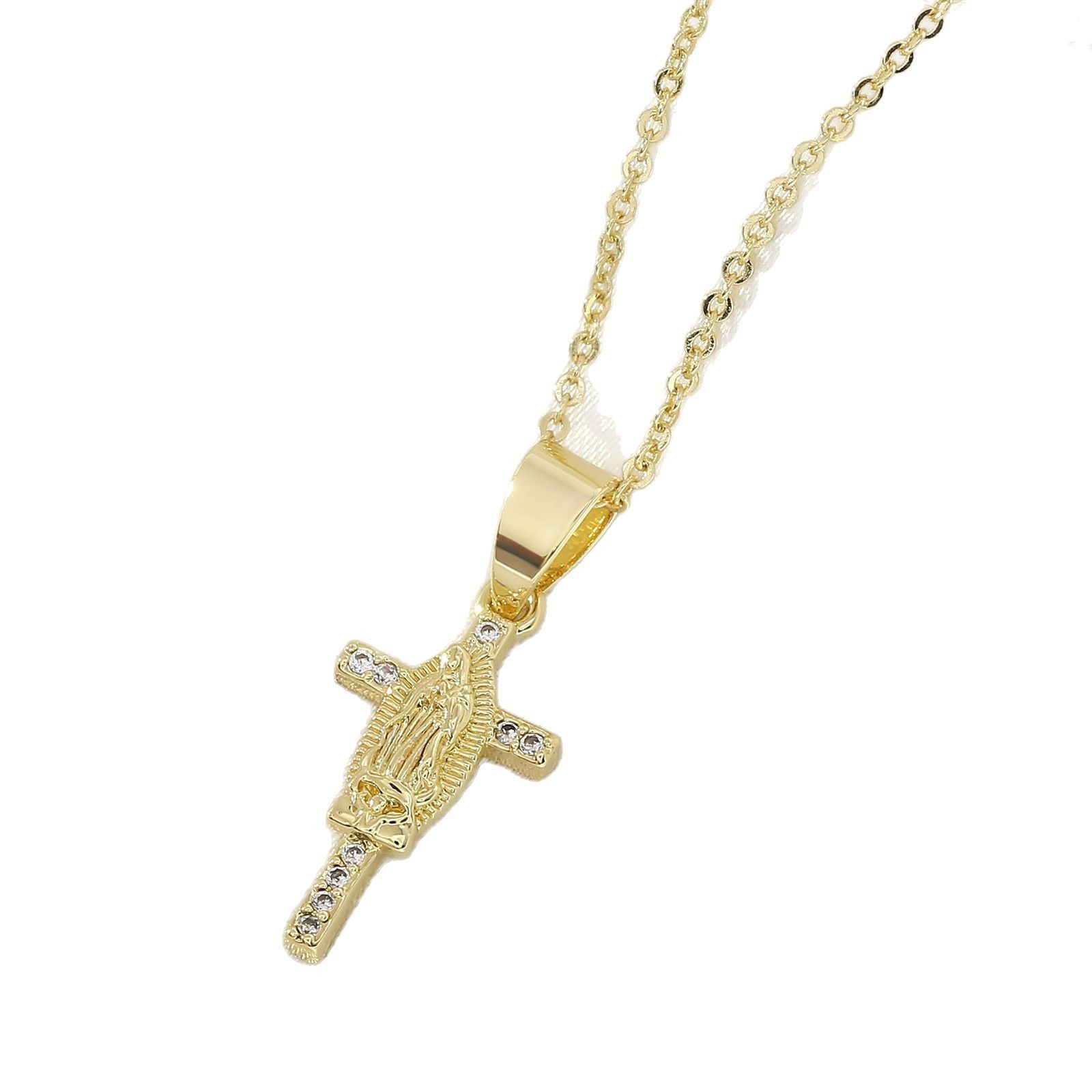 A golden cross necklace set with diamond-like religious belief ornaments