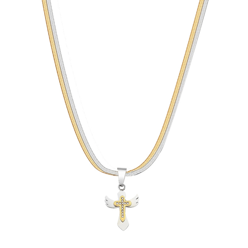 Angel Wing Cross Pendant Necklace – Dual Tone Stainless Steel Christian Jewelry