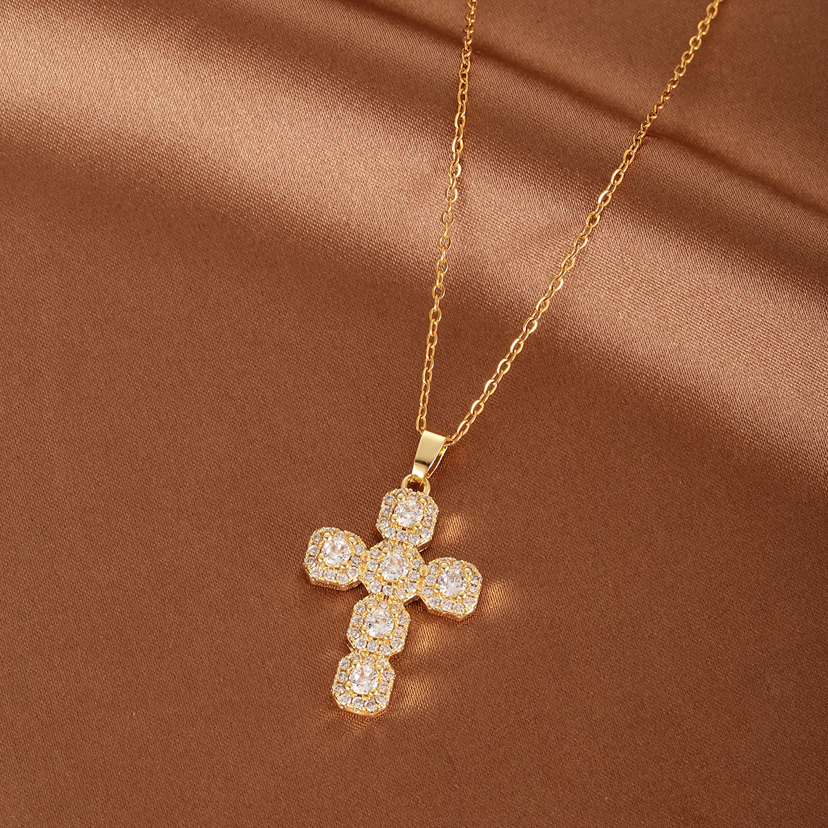 Luxury Gold Plated Octagon CZ Cross Pendant Necklace for Women