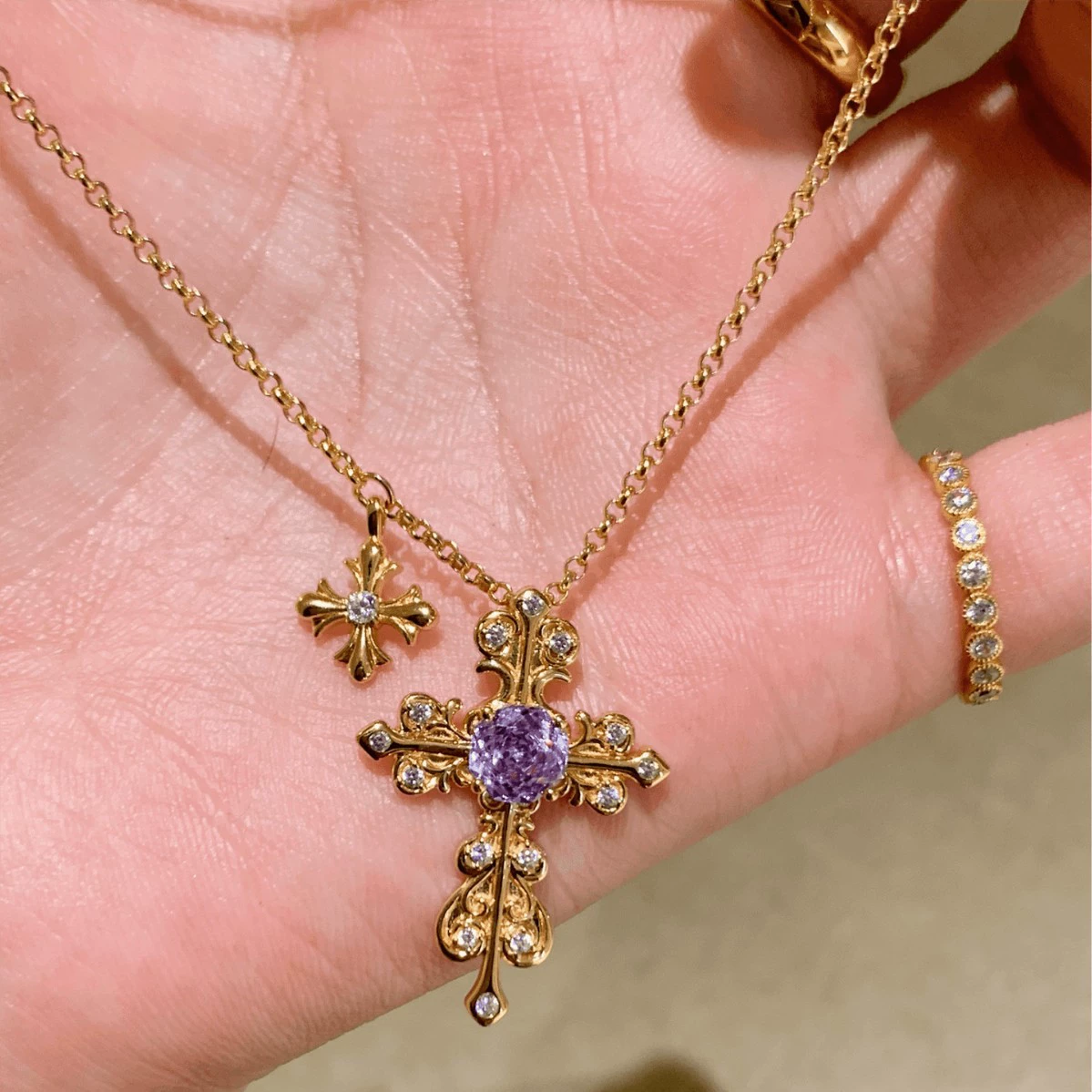 Vintage Gold Cross Necklace with Amethyst and Cubic Zirconia, 18K Gold Plated, Double Pendant Design
