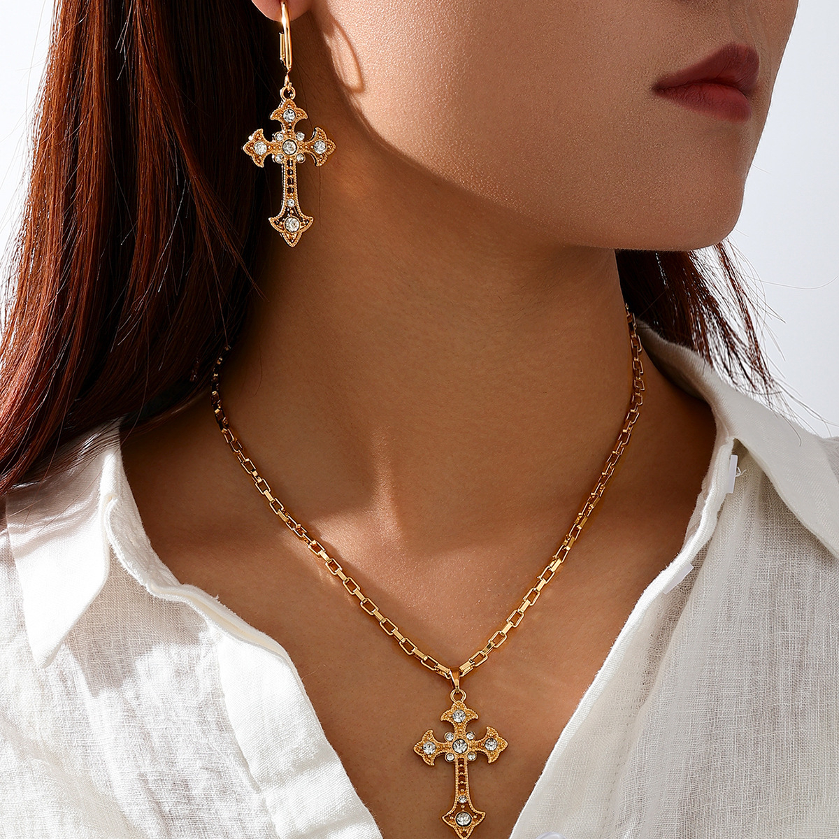 Gold Cross Necklace and Earring Set – Chain & Cross Earrings with Rhinestone Pendant