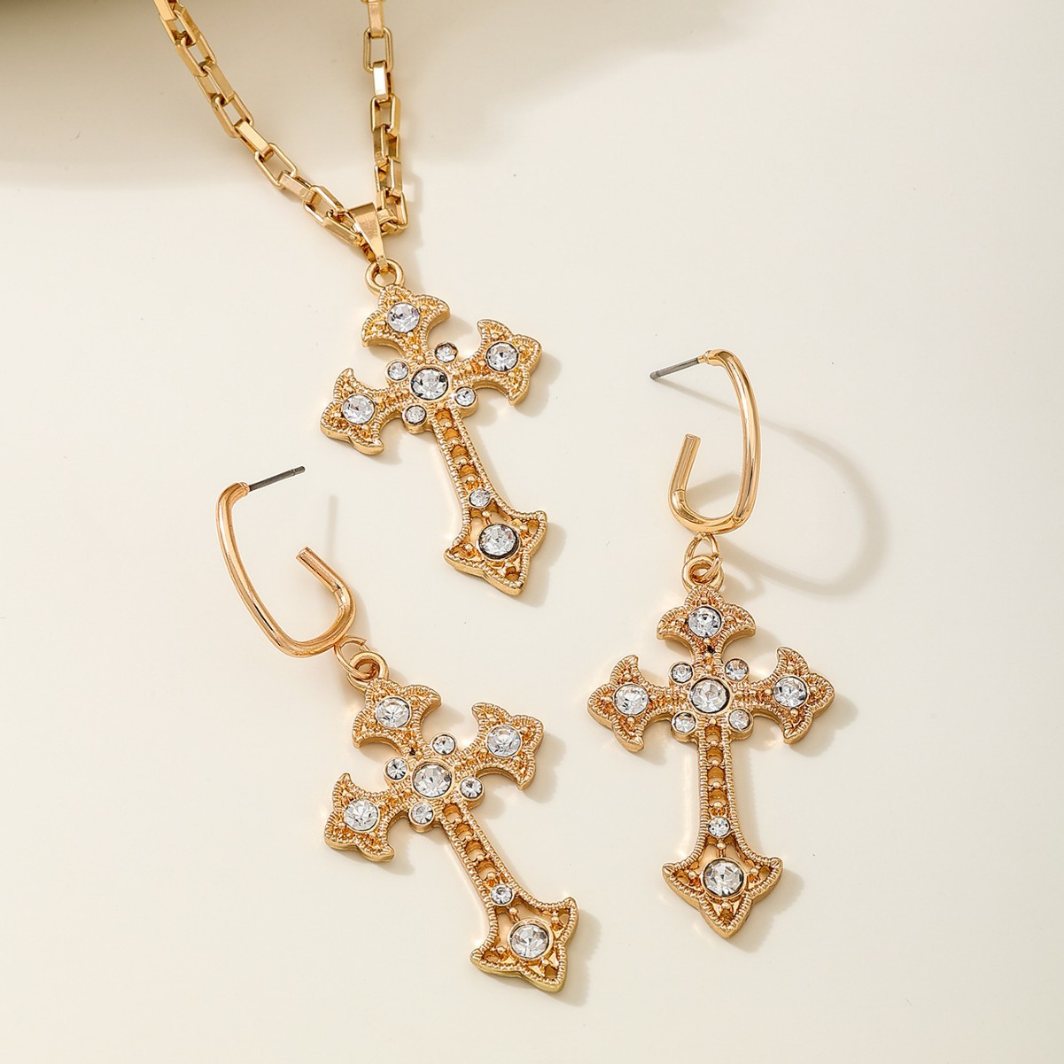 Gold Cross Necklace and Earring Set – Chain & Cross Earrings with Rhinestone Pendant