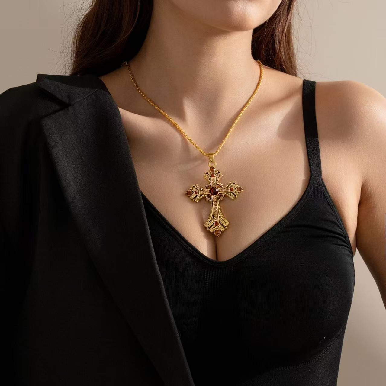 Gold Vintage Cross Pendant Necklace for Women – Baroque Gemstone Chain