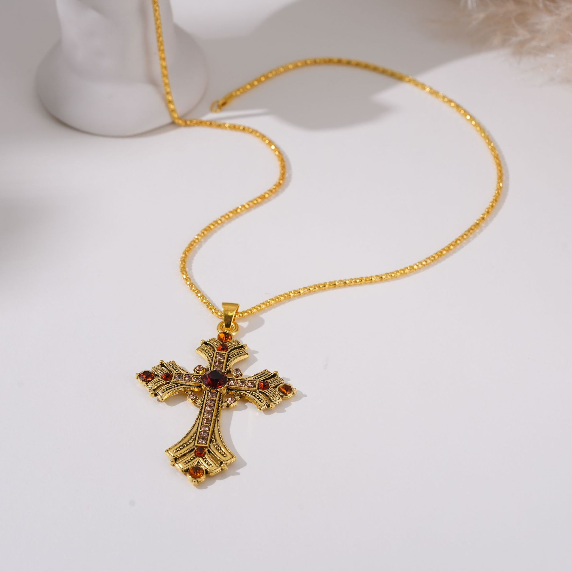 Gold Vintage Cross Pendant Necklace for Women – Baroque Gemstone Chain