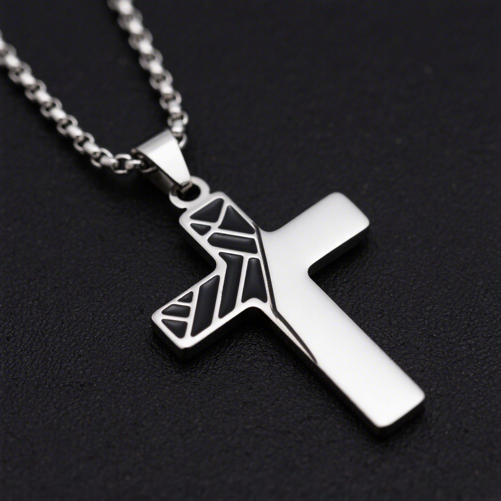 Crucifix Cross Necklace for Men, Stainless Steel Christian Pendant, Black Inlay, Fashion Jewelry