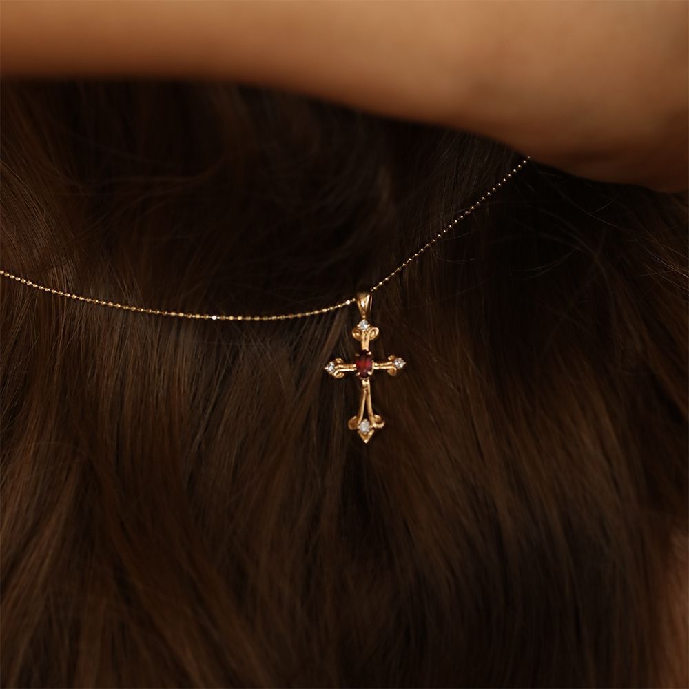 Diamond Cross Necklace – Gold-Plated Ruby Center Christian Pendant for Women