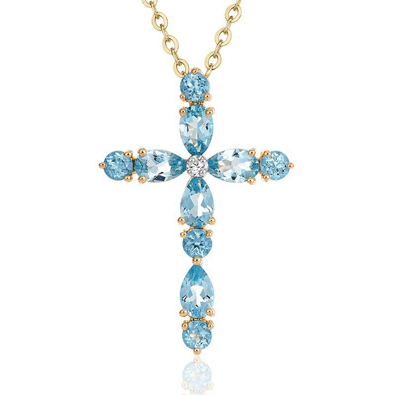 Luxury Blue Zirconia Cross Pendant Necklace for Women | Gold Plated Copper | Sparkling Jewelry