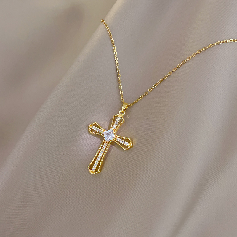 Elegant Solitaire Diamond Cross Pendant Necklace for Women | Gold Plated Fashion Jewelry