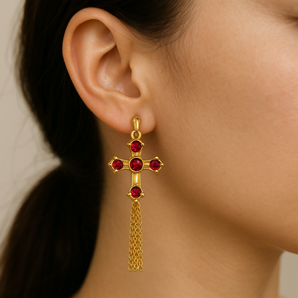 Discount Fine Jewelry – Gold Cross Drop Earrings with Red Gemstones