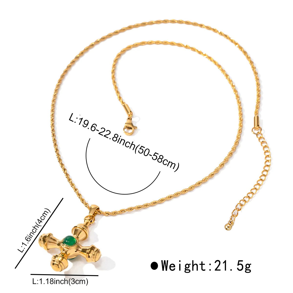 Vintage Plating Gold Cross Necklace with Green Gemstone Pendant, Adjustable Rope Chain, Unisex Jewelry for Gifts and Daily Wear