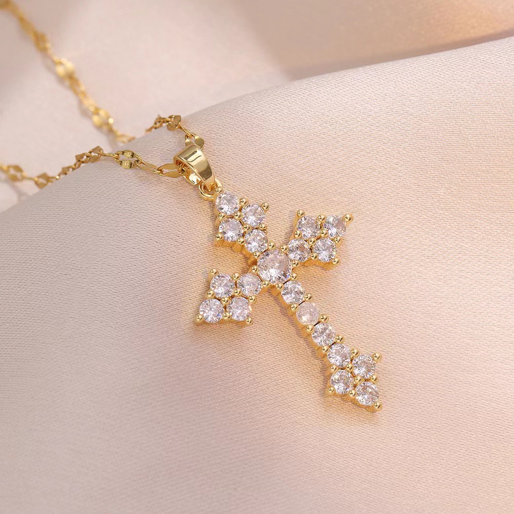 Large Gold Cross Pendant Necklace with 18 CZ Stones, Adjustable Chain for Men & Women