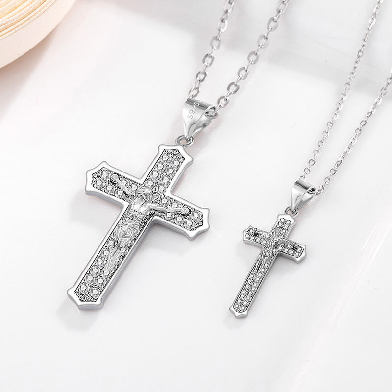 Large 925 Sterling Silver Crucifix Pendant Necklace – Pave Cubic Zirconia Jesus Cross Large Silver Pendant