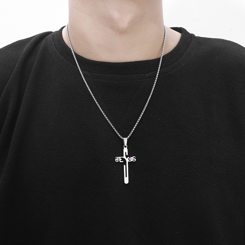 Minimalist Cross Necklace for Men, 316L Stainless Steel Silver Pendant, Simple Male Jewelry