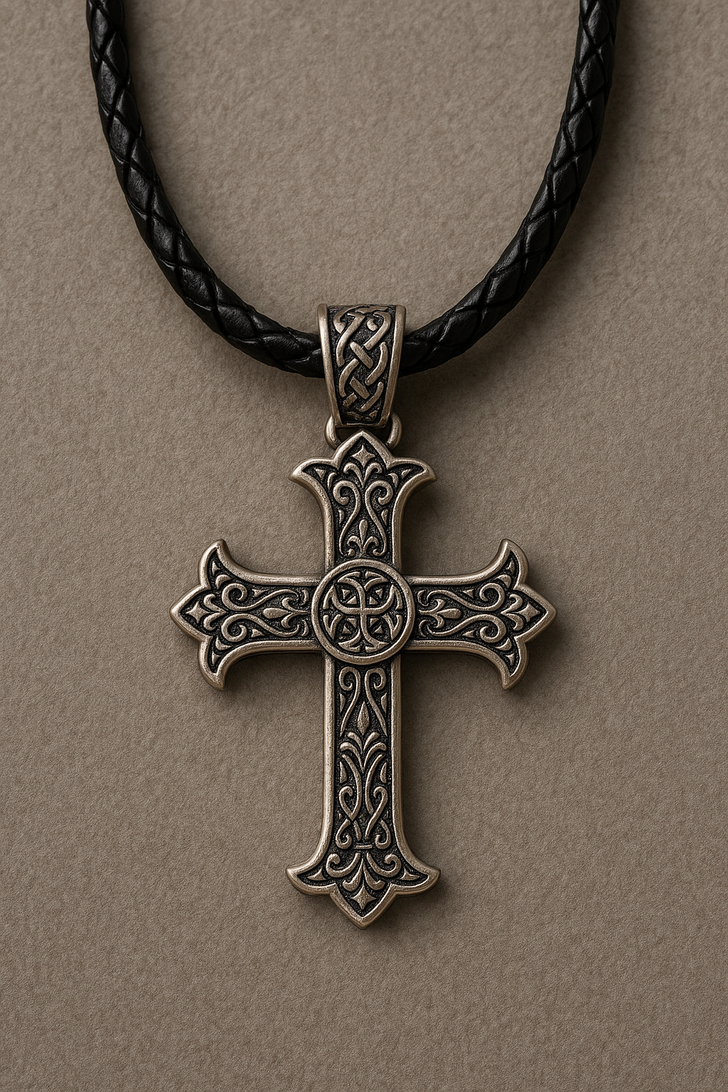 Men's Vintage Gothic Cross Pendant Necklace with Braided Leather Cord – Religious & Stylish Accessory