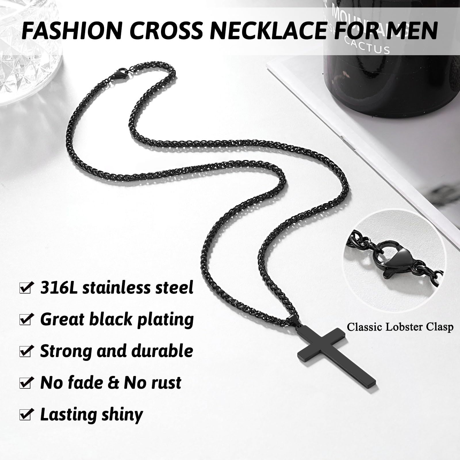 Mens Black Cross Necklace – Stainless Steel Black Cross Chain Pendant