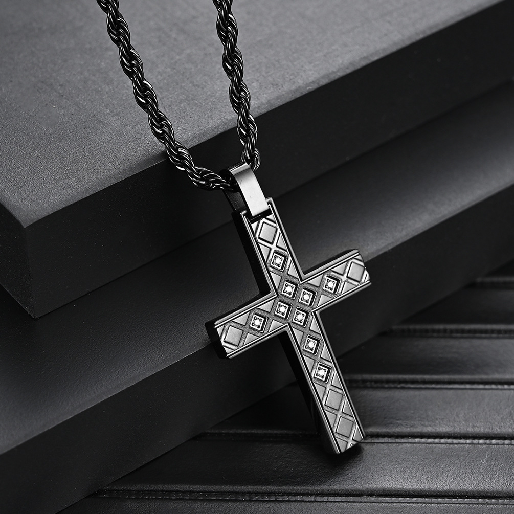 Men's Religious Black Diamond Cross Necklace – Durable and Stylish Design