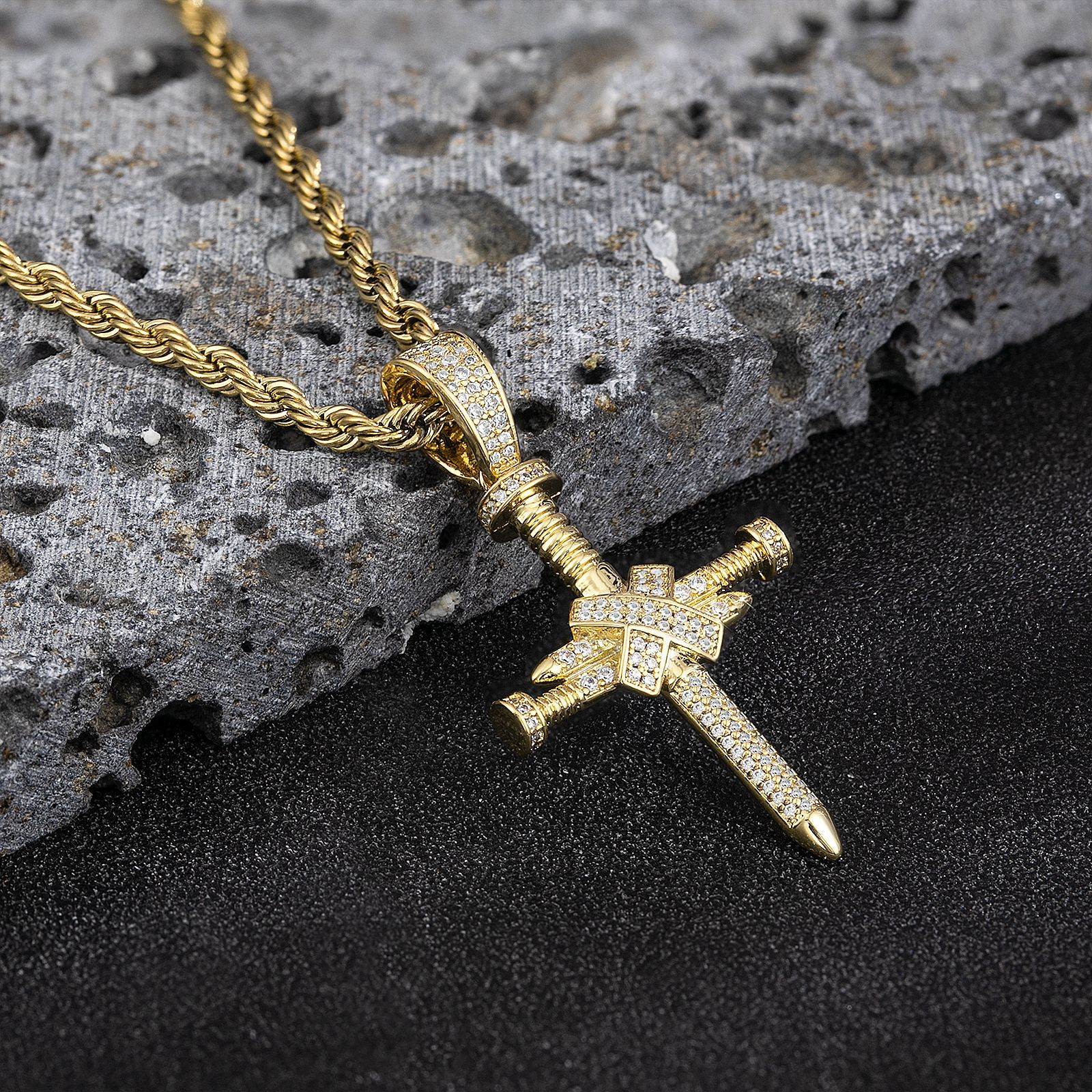 Men’s Rose Gold Cross Necklace, Iced Out Sword Cross Pendant, Hip-Hop Rope Chain Bling Jewelry