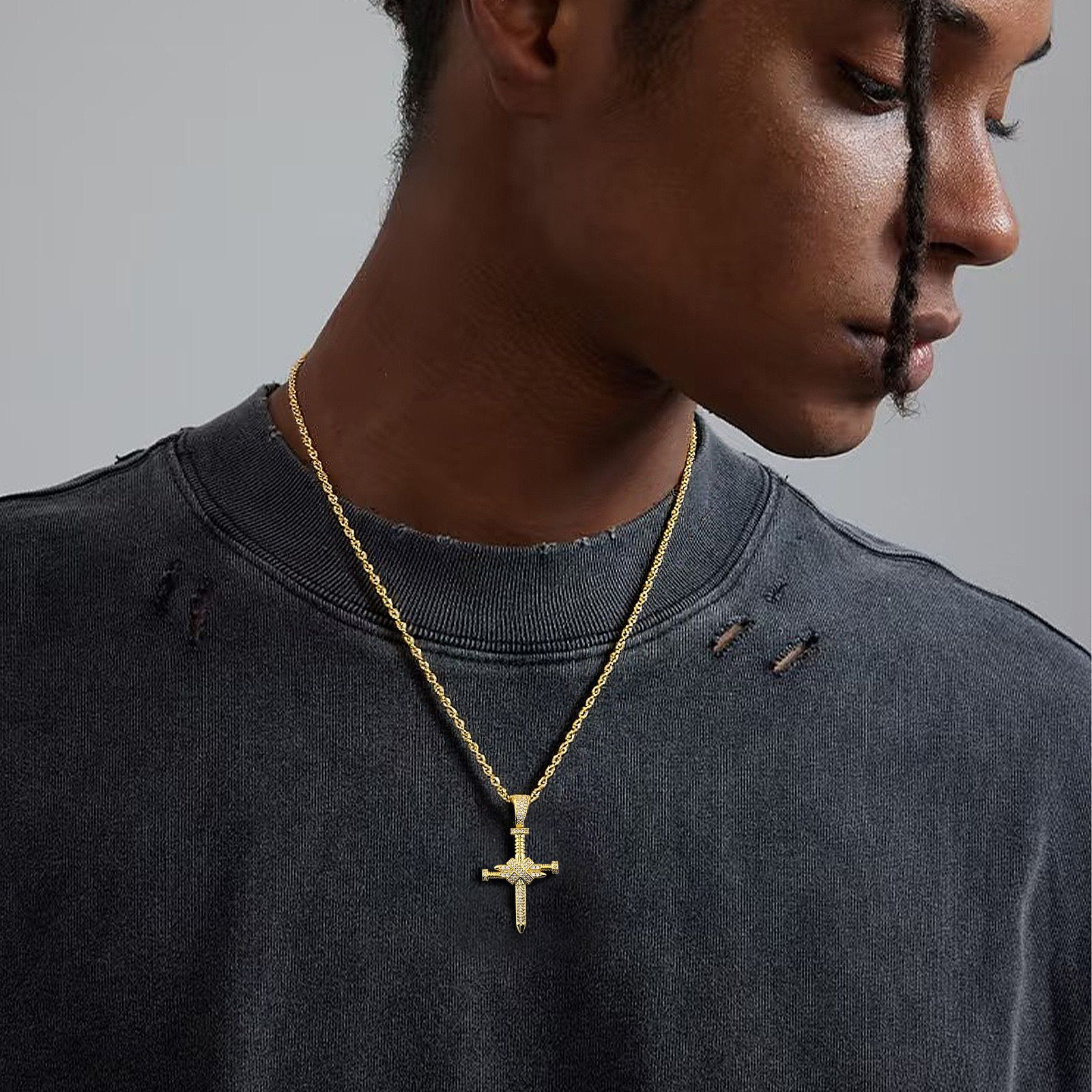 Men’s Rose Gold Cross Necklace, Iced Out Sword Cross Pendant, Hip-Hop Rope Chain Bling Jewelry