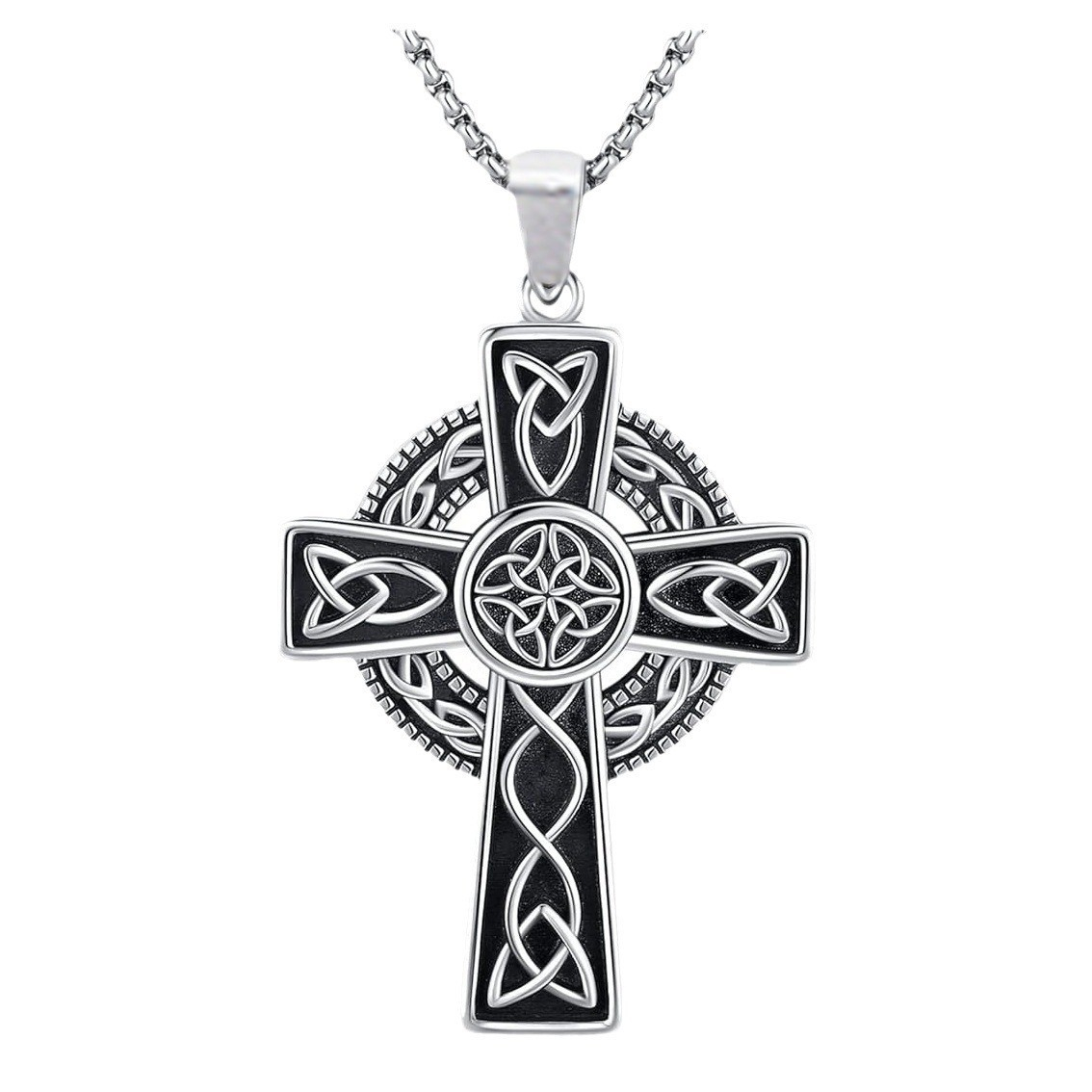Men’s Silver Celtic Cross Pendant Necklace, Norse Viking Stainless Steel Jewelry