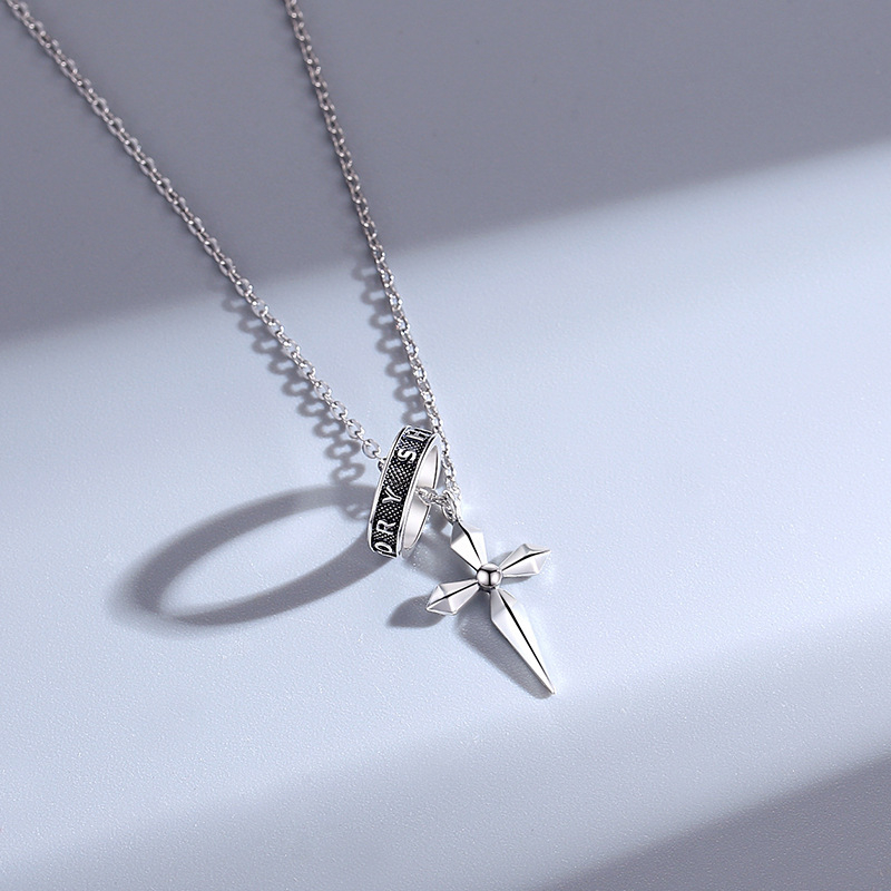 Men's Sterling Silver Crucifix Pendant Necklace with Vintage Black Engraved Ring – Gothic Minimalist Jewelry for Men