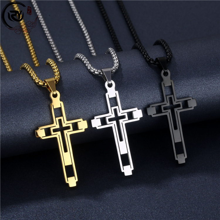Mens Titanium Cross Pendant Necklace Gold Religious Titanium Steel Jewelry for Men