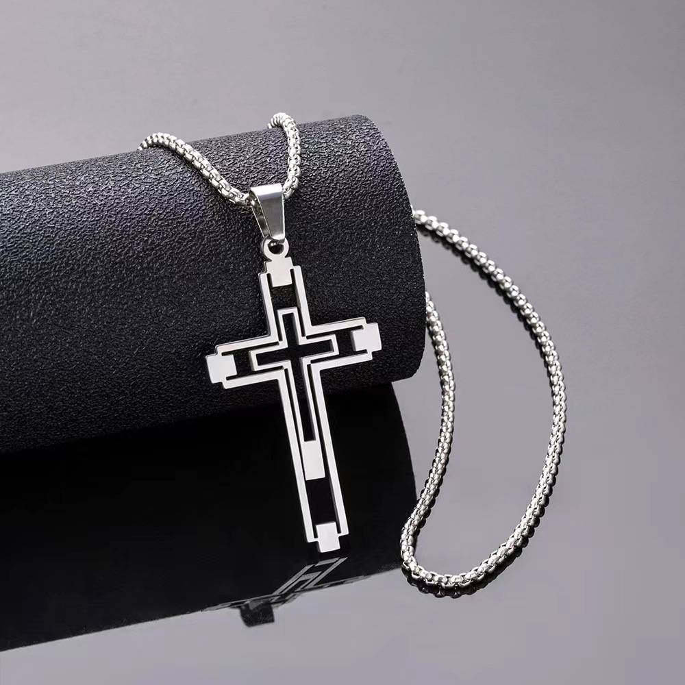 Mens Titanium Cross Pendant Necklace Gold Religious Titanium Steel Jewelry for Men
