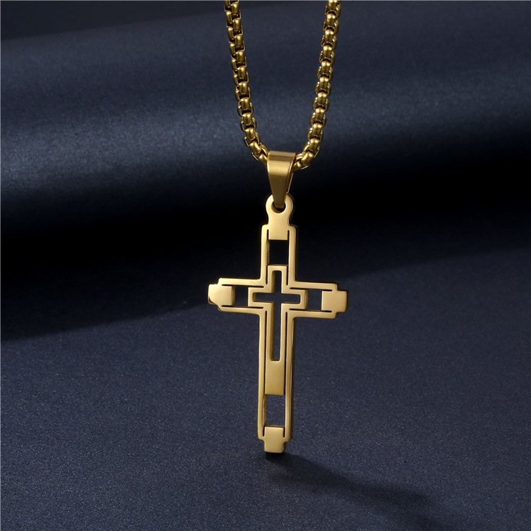 Mens Titanium Cross Pendant Necklace Gold Religious Titanium Steel Jewelry for Men