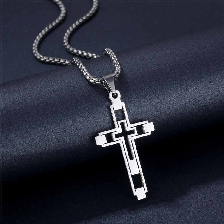 Mens Titanium Cross Pendant Necklace Gold Religious Titanium Steel Jewelry for Men
