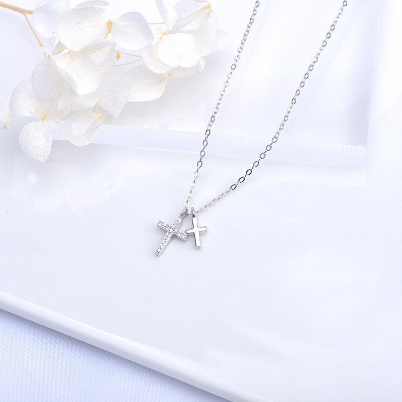 Dainty Diamond Double Cross Necklace, Mini Cubic Zirconia Cross Pendant, 925 Sterling Silver